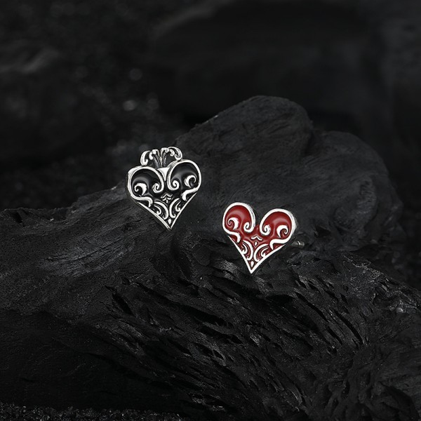 925 Sterling Silver Earrings Black Red Heart Earrings
