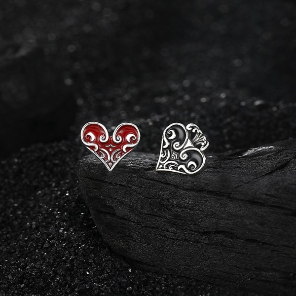 925 Sterling Silver Earrings Black Red Heart Earrings