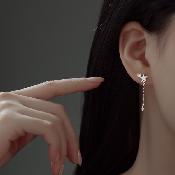 925 Sterling Silver Moon Star Tassels Earring 