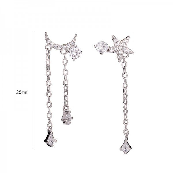 925 Sterling Silver Moon Star Tassels Earring 