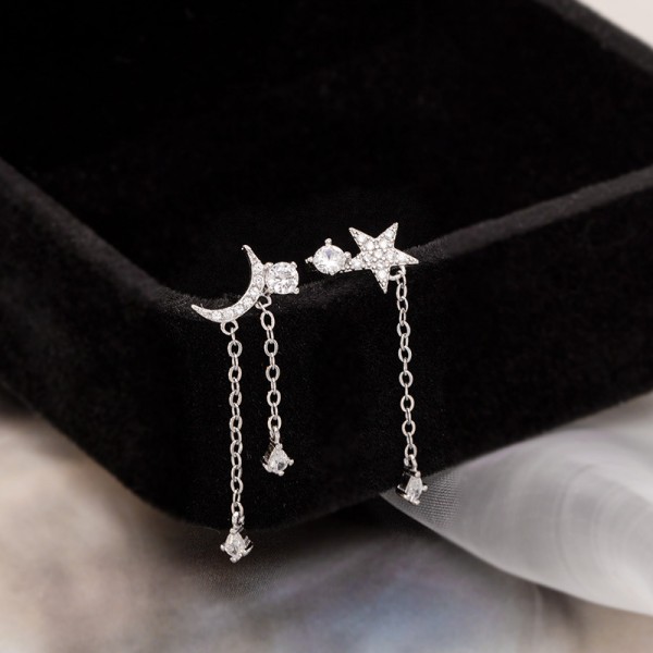 925 Sterling Silver Moon Star Tassels Earring 