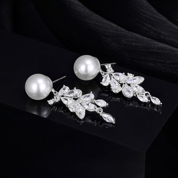 925 Sterling Silver Earring Pearl Zircon Pendant Earrings