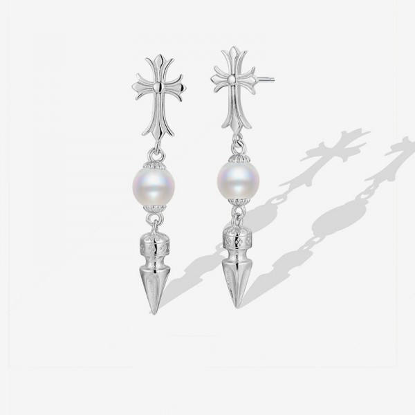 925 Sterling Silver Earring Cross Pearl Pendant Earrings