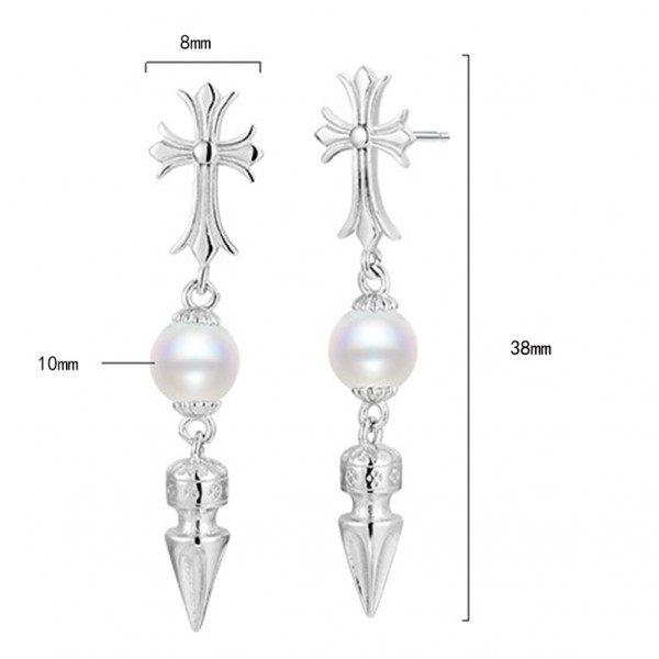 925 Sterling Silver Earring Cross Pearl Pendant Earrings