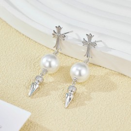 925 Sterling Silver Earring Cross Pearl Pendant Ea...