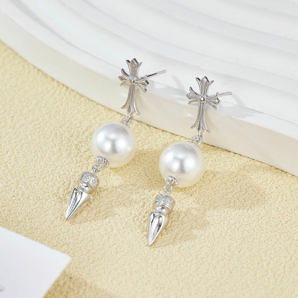 925 Sterling Silver Earring Cross Pearl Pendant Earrings