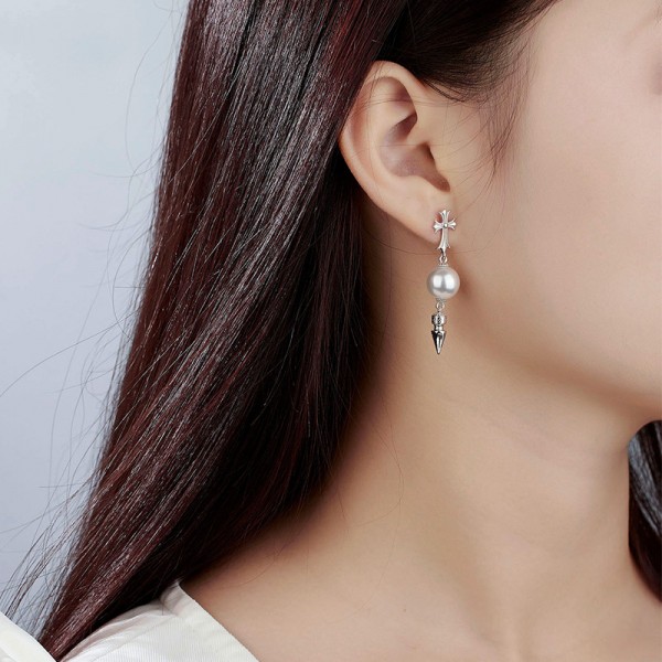 925 Sterling Silver Earring Cross Pearl Pendant Earrings