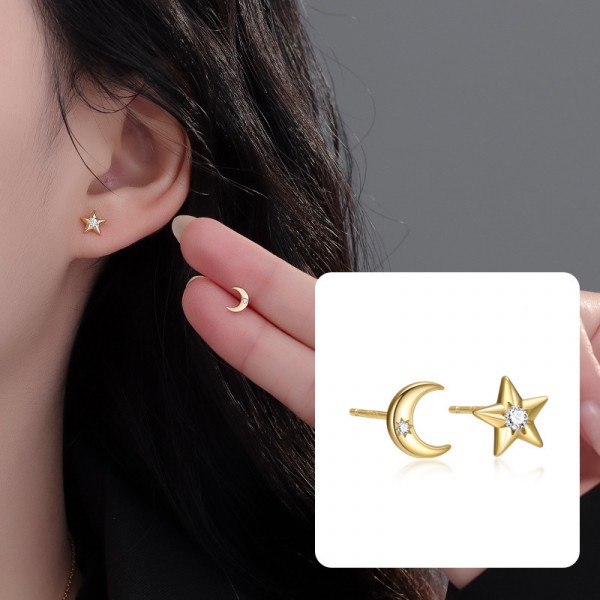 S925 Sterling Silver Zircon Star and Moon Earrings