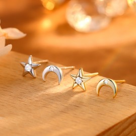 S925 Sterling Silver Zircon Star and Moon Earrings