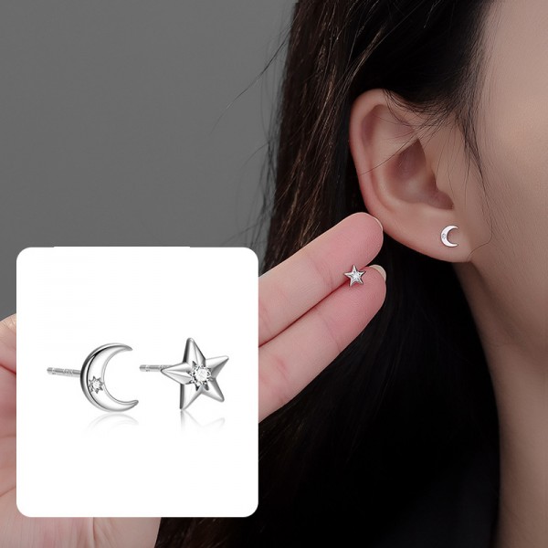 S925 Sterling Silver Zircon Star and Moon Earrings